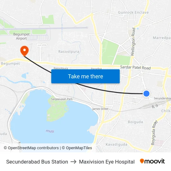 Secunderabad Bus Station to Maxivision Eye Hospital map