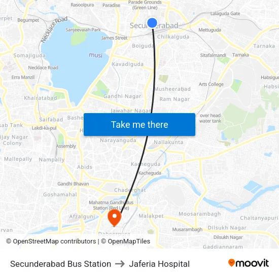 Secunderabad Bus Station to Jaferia Hospital map