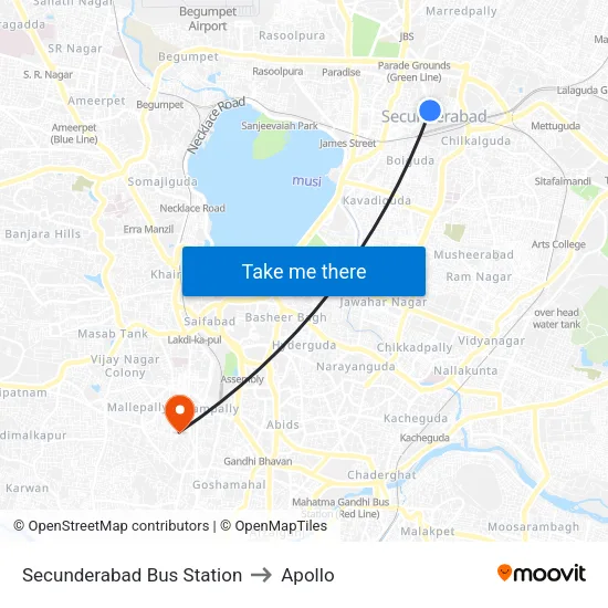 Secunderabad Bus Station to Apollo map