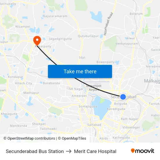 Secunderabad Bus Station to Merit Care Hospital map