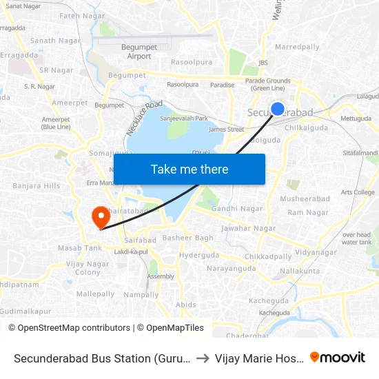 Secunderabad Bus Station to Vijay Marie Hospital map