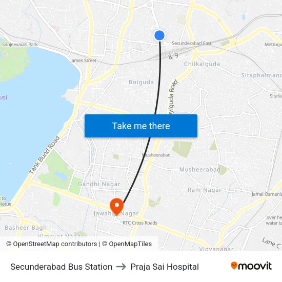 Secunderabad Bus Station to Praja Sai Hospital map
