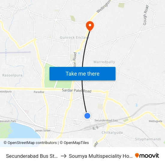 Secunderabad Bus Station to Soumya Multispeciality Hospital map