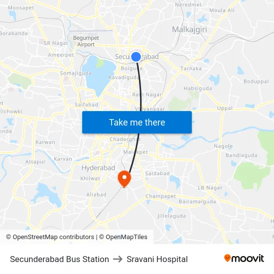 Secunderabad Bus Station to Sravani Hospital map