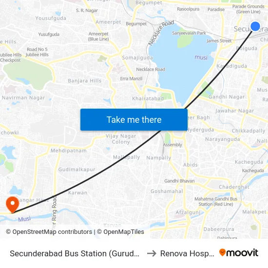Secunderabad Bus Station to Renova Hospital map