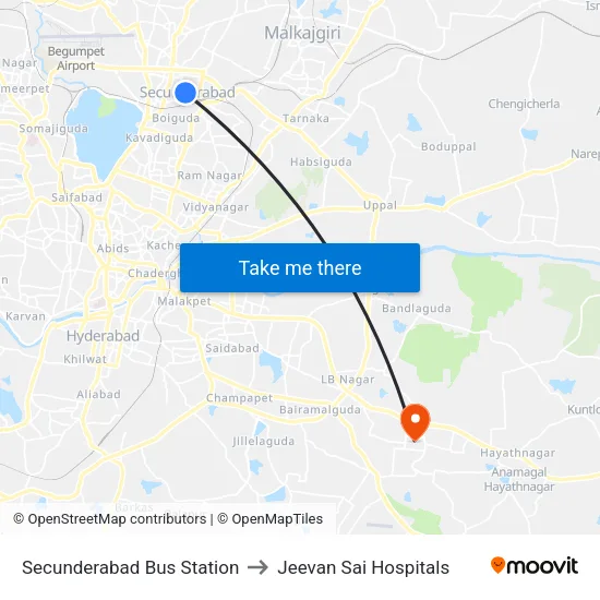 Secunderabad Bus Station to Jeevan Sai Hospitals map