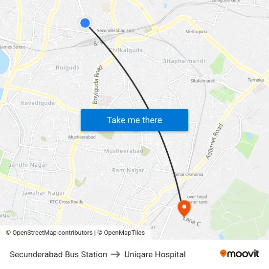 Secunderabad Bus Station to Uniqare Hospital map