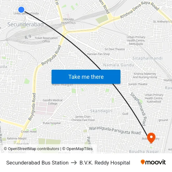 Secunderabad Bus Station to B.V.K. Reddy Hospital map