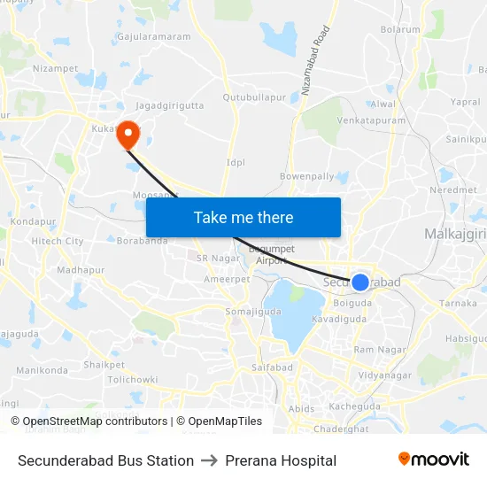Secunderabad Bus Station to Prerana Hospital map