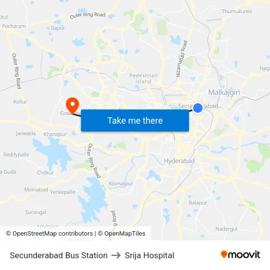 Secunderabad Bus Station to Srija Hospital map