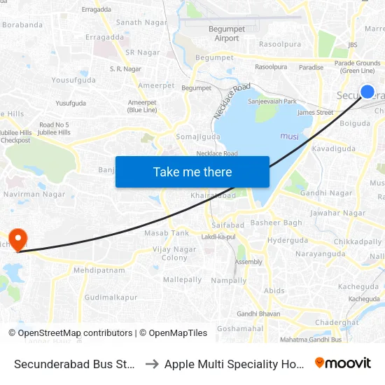 Secunderabad Bus Station to Apple Multi Speciality Hospital map