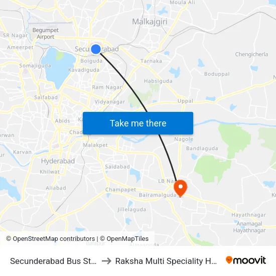 Secunderabad Bus Station to Raksha Multi Speciality Hospital map