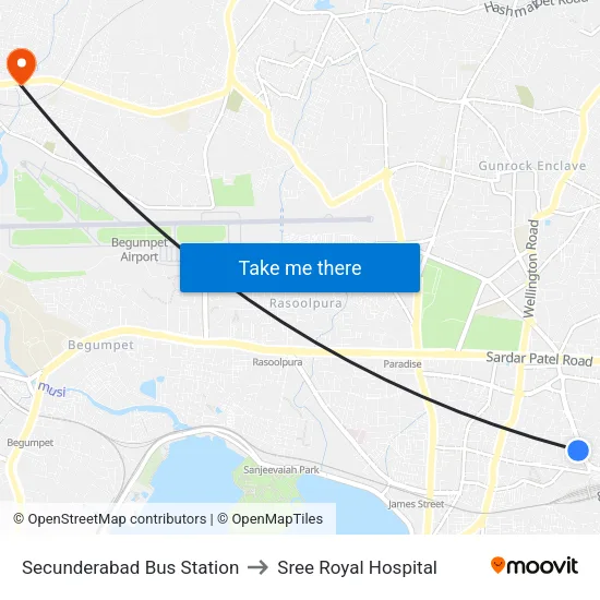 Secunderabad Bus Station to Sree Royal Hospital map