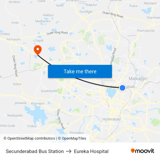 Secunderabad Bus Station to Eureka Hospital map