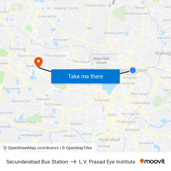 Secunderabad Bus Station to L.V. Prasad Eye Institute map