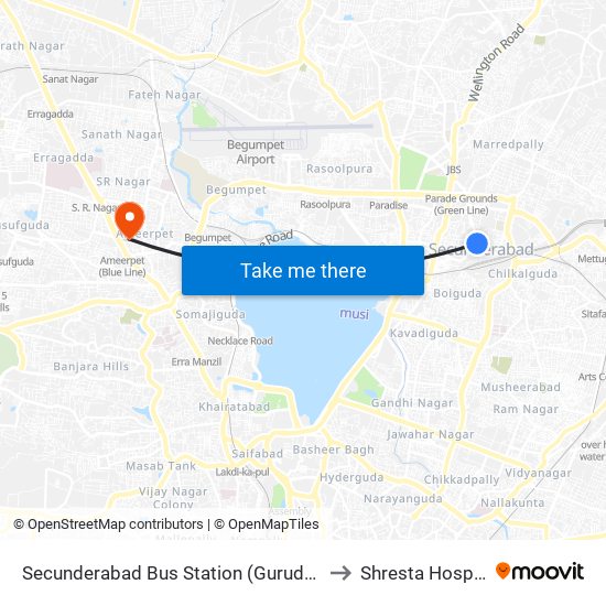 Secunderabad Bus Station (Gurudwara) to Shresta Hospital map