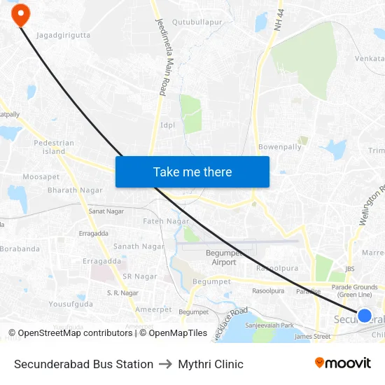 Secunderabad Bus Station to Mythri Clinic map