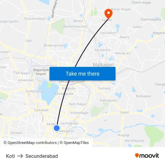 Koti to Secunderabad map