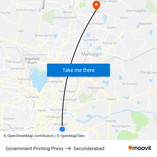 Government Printing Press to Secunderabad map