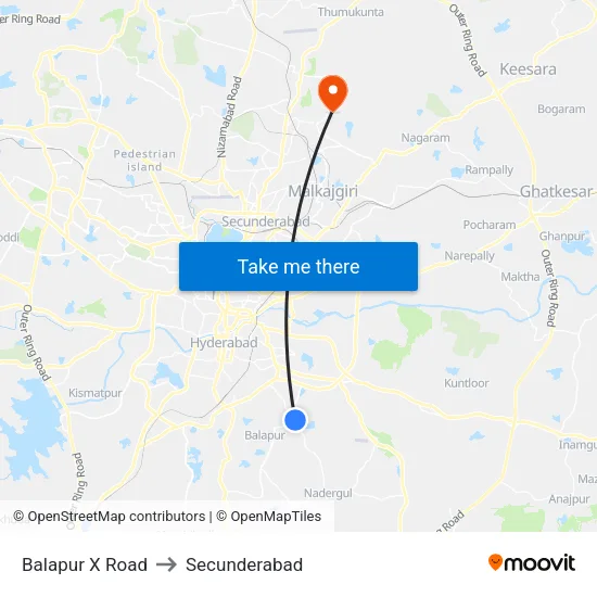 Balapur X Road to Secunderabad map