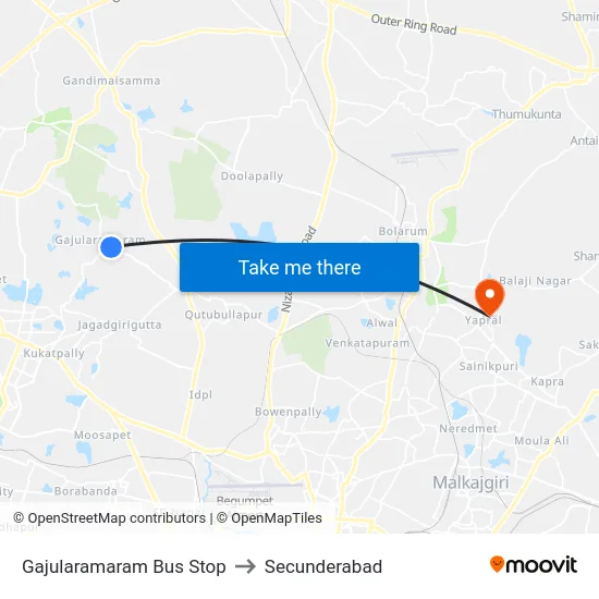 Gajularamaram Bus Stop to Secunderabad map