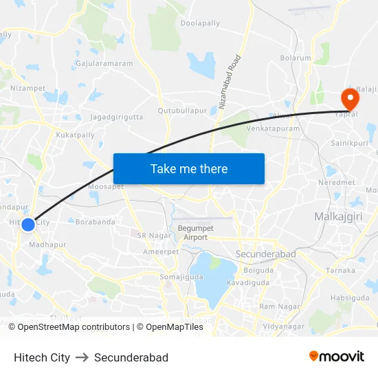 Hitech City to Secunderabad map