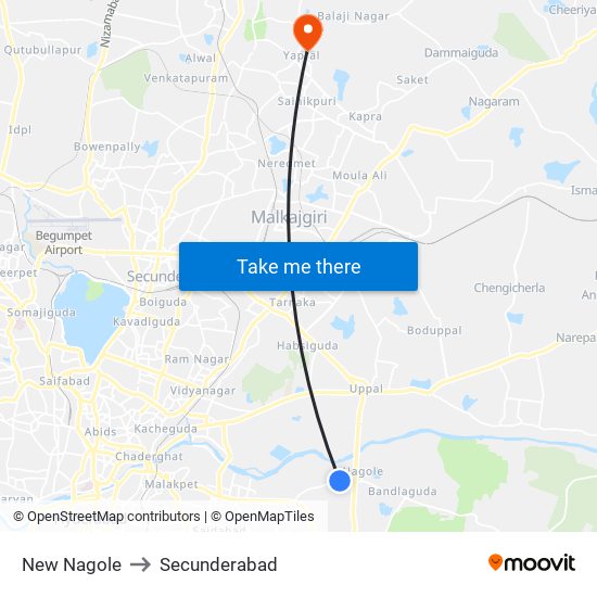 New Nagole to Secunderabad map