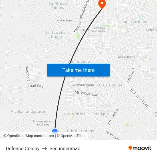 Defence Colony to Secunderabad map