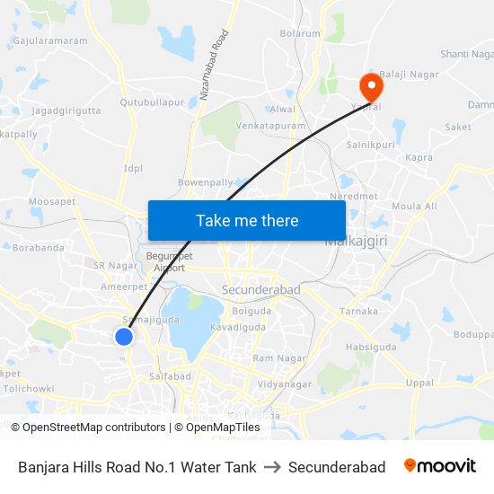 Banjara Hills Road No.1 Water Tank to Secunderabad map