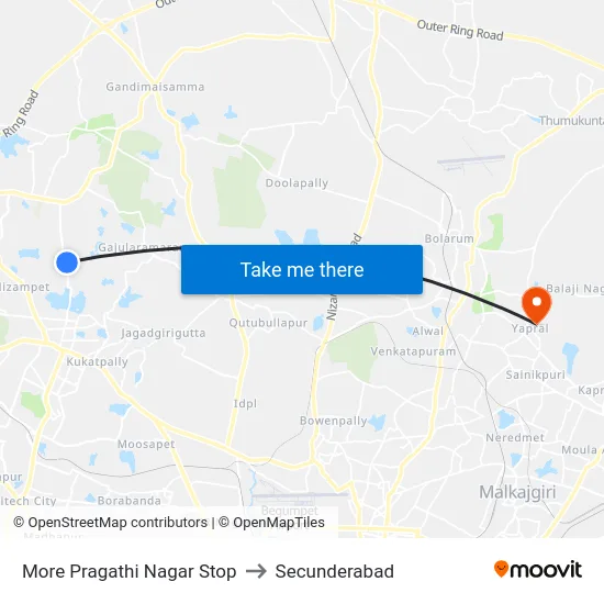 More Pragathi Nagar Stop to Secunderabad map