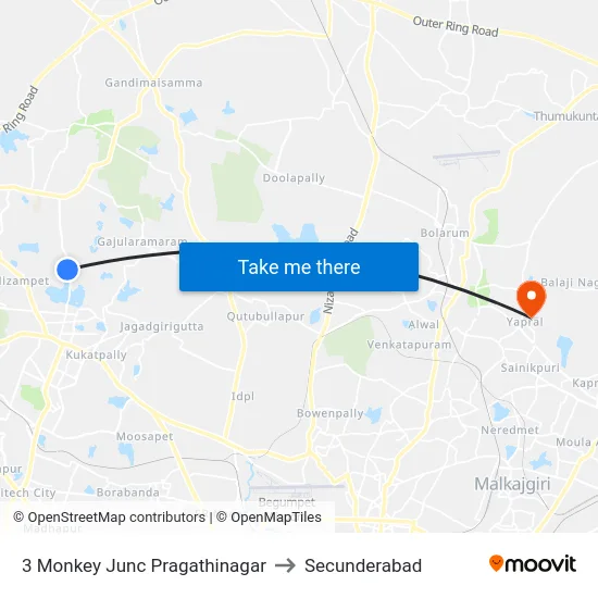 3 Monkey Junc Pragathinagar to Secunderabad map