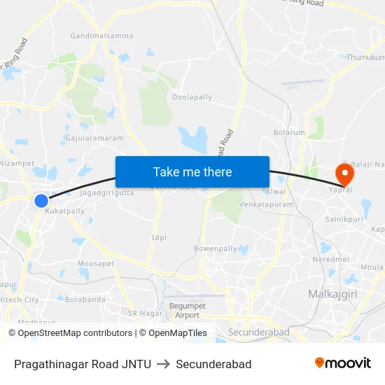 Pragathinagar Road JNTU to Secunderabad map