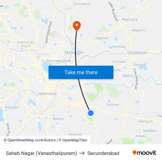 Saheb Nagar (Vanasthalipuram) to Secunderabad map