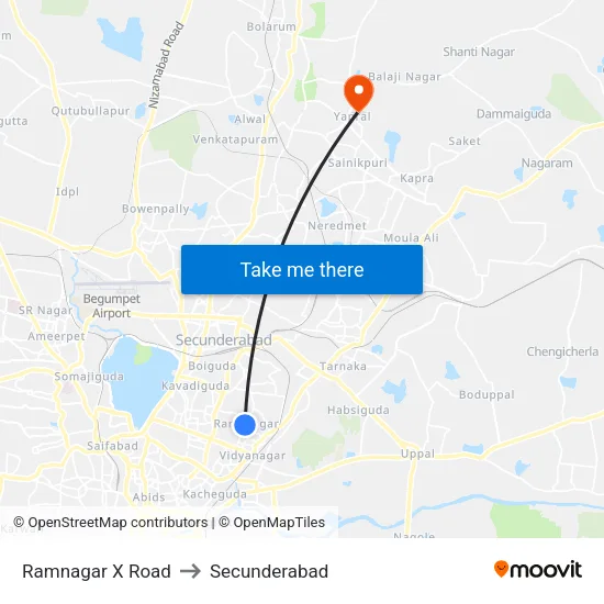 Ramnagar X Road to Secunderabad map