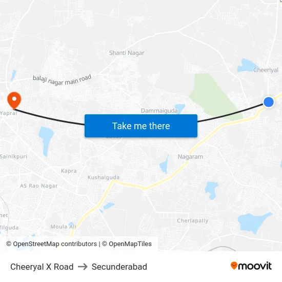 Cheeryal X Road to Secunderabad map