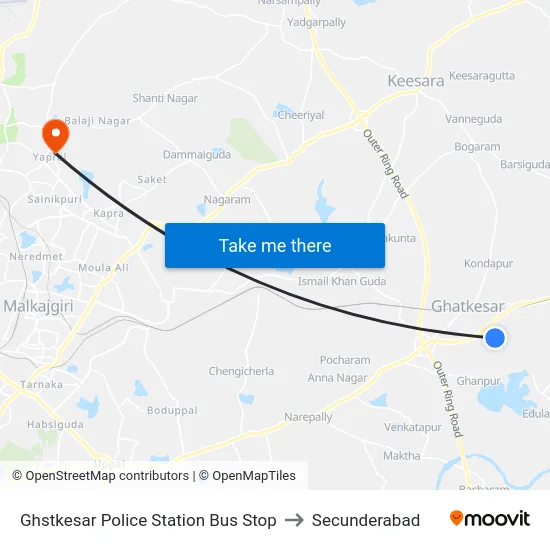 Ghstkesar Police Station Bus Stop to Secunderabad map