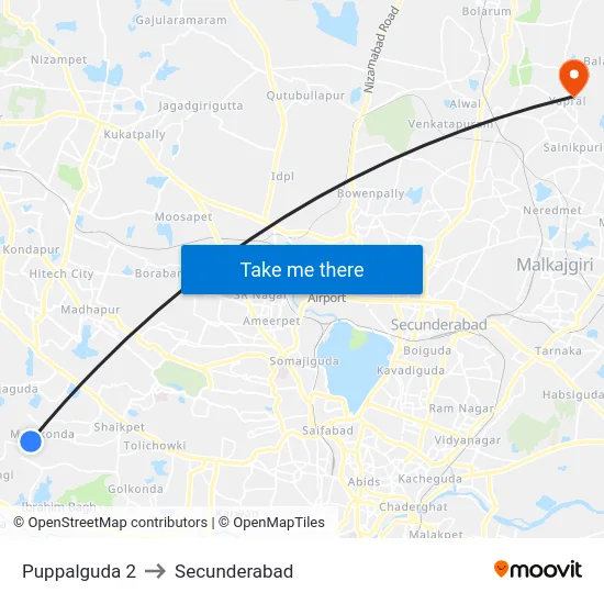 Puppalguda 2 to Secunderabad map