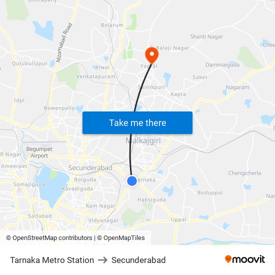 Tarnaka Metro Station to Secunderabad map