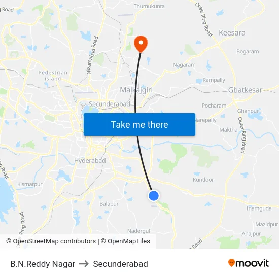 B.N Reddy Nagar (Bager Hospital) to Secunderabad map