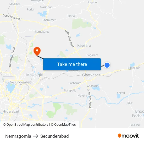 Nemragomla to Secunderabad map