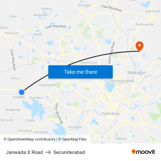 Janawada X Road to Secunderabad map