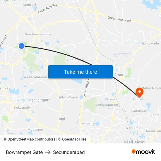 Bowrampet Gate to Secunderabad map