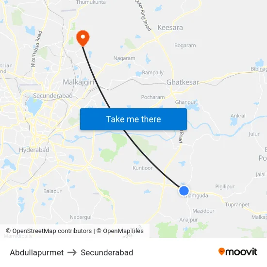 Abdullapurmet to Secunderabad map