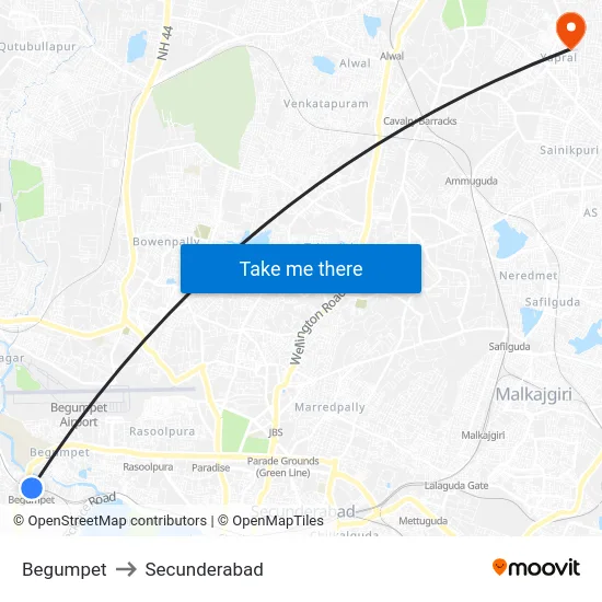 Begumpet to Secunderabad map