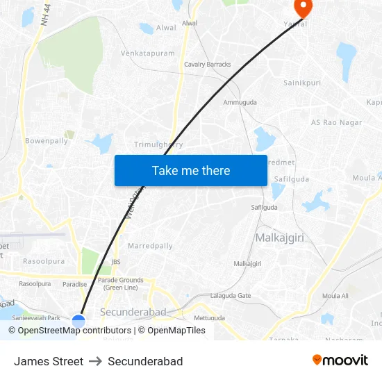 James Street to Secunderabad map