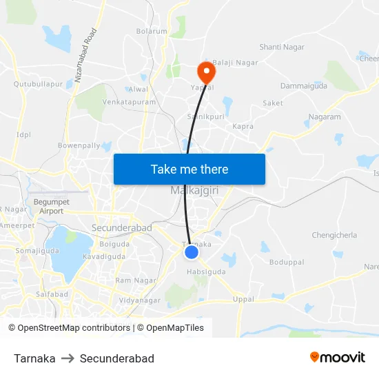 Tarnaka to Secunderabad map