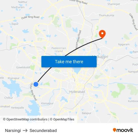 Narsingi to Secunderabad map