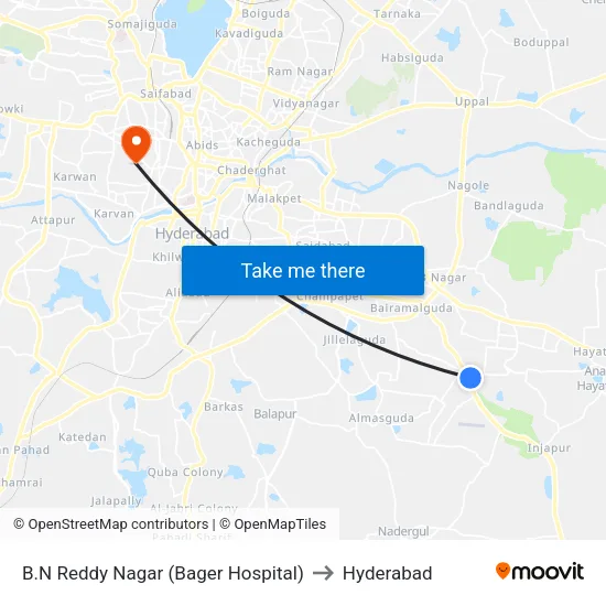 B.N Reddy Nagar (Bager Hospital) to Hyderabad map