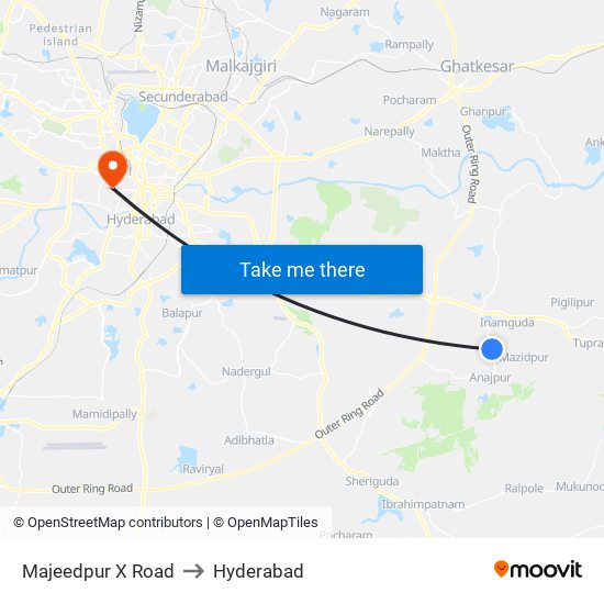 Majeedpur X Road to Hyderabad map