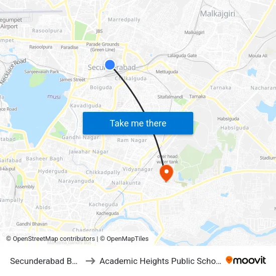 Secunderabad Bus Station to Academic Heights Public School, D.D. Colony map